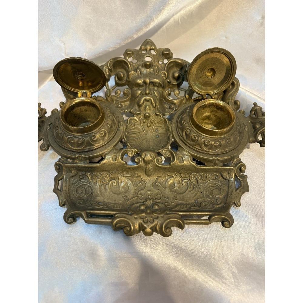 Antique victorian Brass fountain pen inkwell ornate desktop office ink holder - Picture 4 of 5